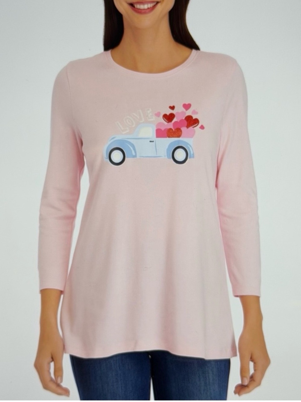 Kim Rogers Pink Top with Blue Truck and Red Hearts